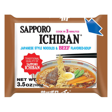 [SAPPORO ICHIBAN] Ramen Noodles, Beef Flavor, No. 1 Tasting Japanese Instant Noodles (3.5 Oz. x 24 packs) | 24 Pack Case