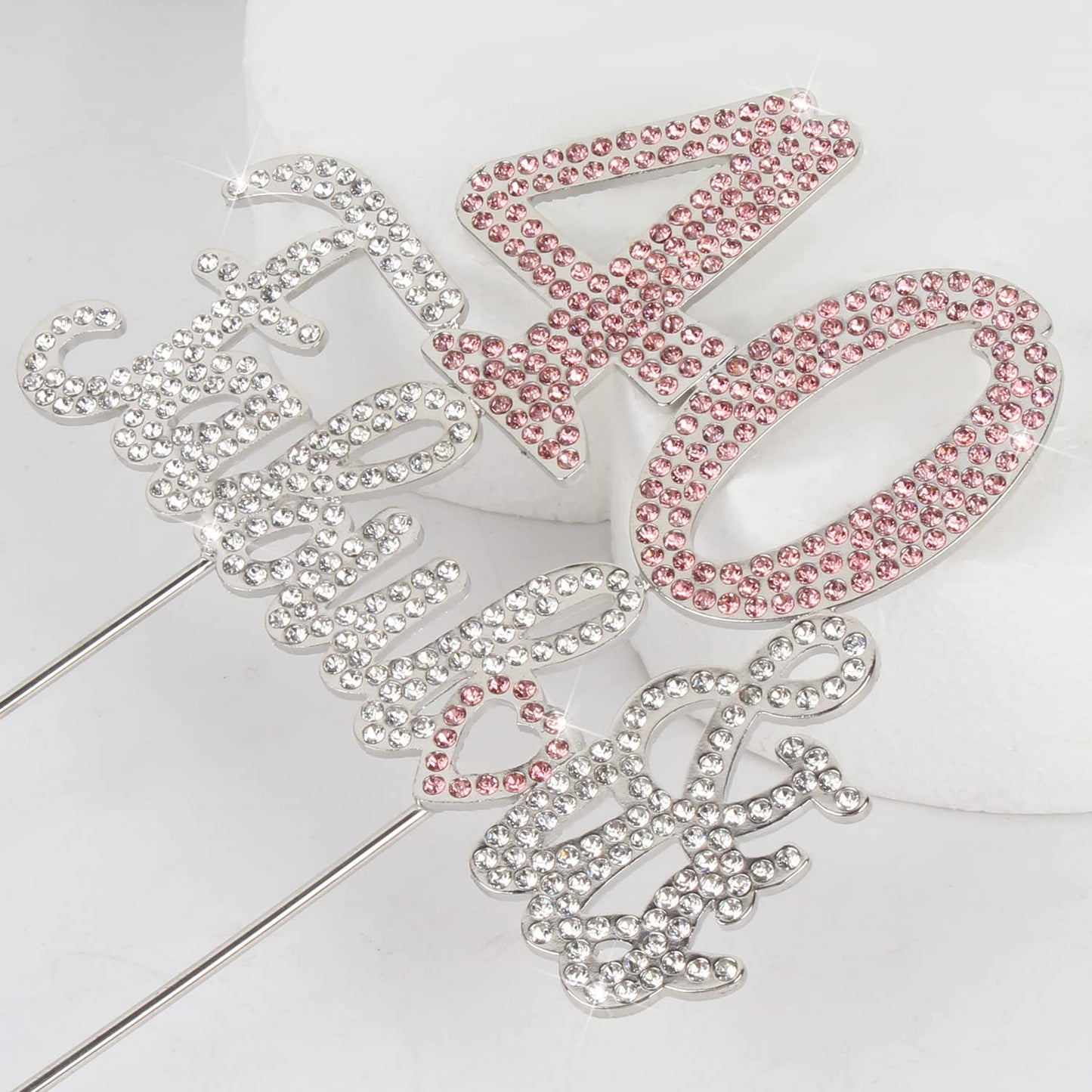 Laskyer 40 & Fabulous Silver Pink Rhinestone Cake Topper - Happy 40Th Birthday Cheers To Forty Years Old Bday Party Metal Sparkl