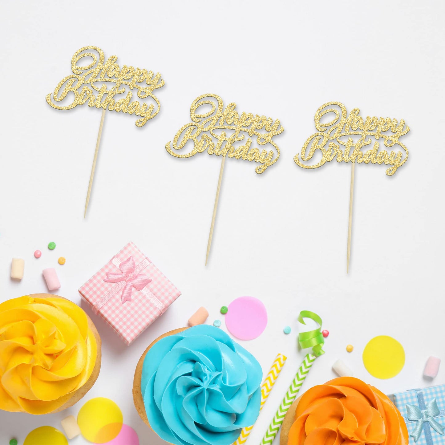 24Pcs Happy Birthday Cupcake Toppers Gold Glitter Birthday Cupcake Food Picks For Celebrating Happy Birthday Party Cake Decorati