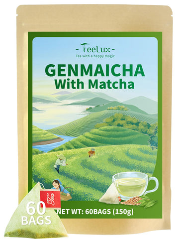 Teelux Genmaicha Tea Bags, Genmai Cha With Sencha Green Tea, Matcha And Roasted Brown Rice, Premium Genmai Cha, Smooth Taste, 60