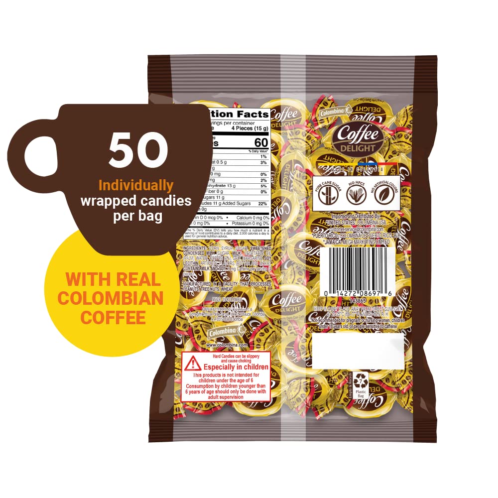 Colombina Coffee Delight Hard Candy - Pack Of 50 Gluten Free Coffee-Flavored Candies Made W/Real Colombian Coffee (50 Count) (6.7Oz - 190G) (4 Pack)
