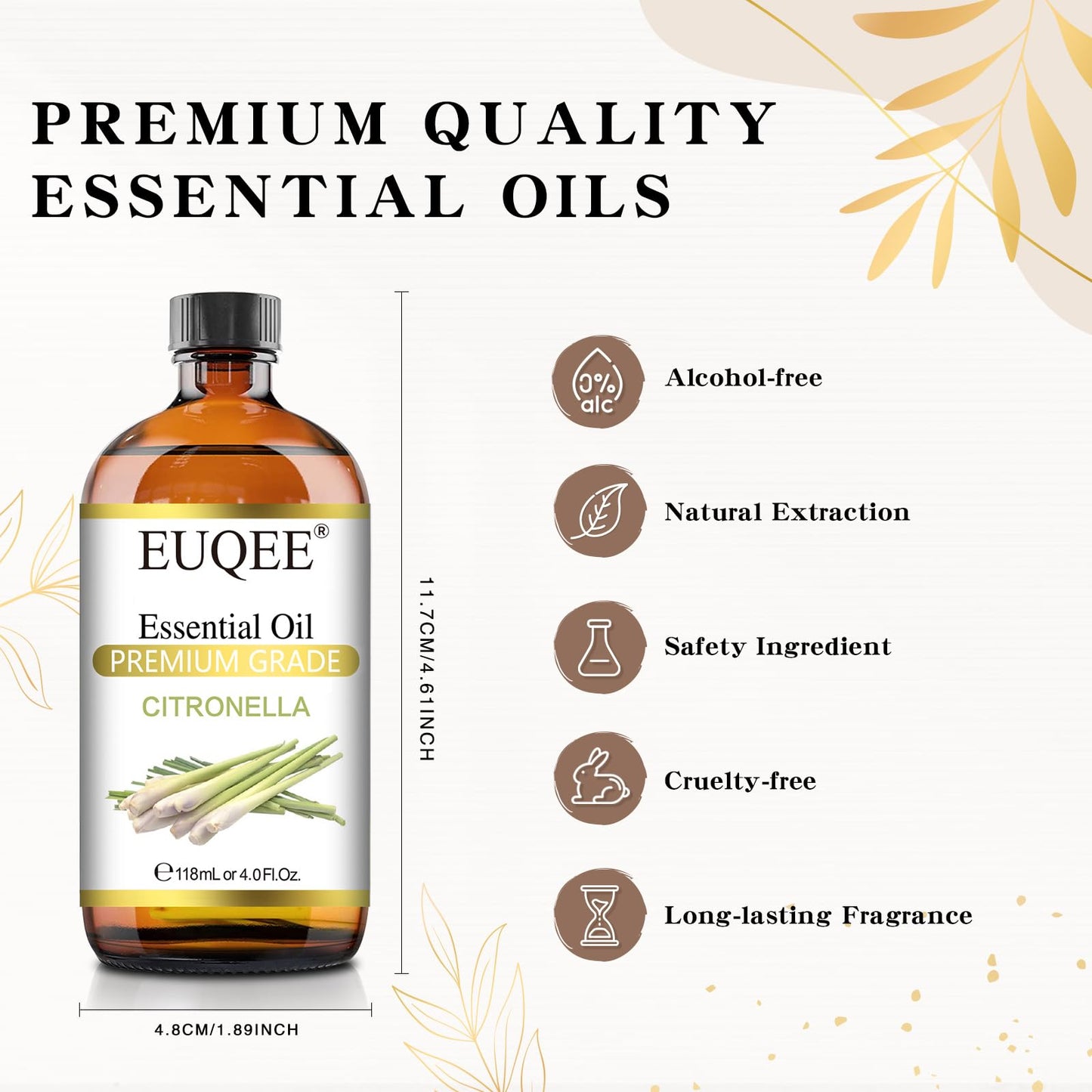 Euqee Citronella Essential Oil, 118Ml Large Gift Box Pure Citronella Oil With Glass Dropper For Candle Making, Diffuser, Humidif