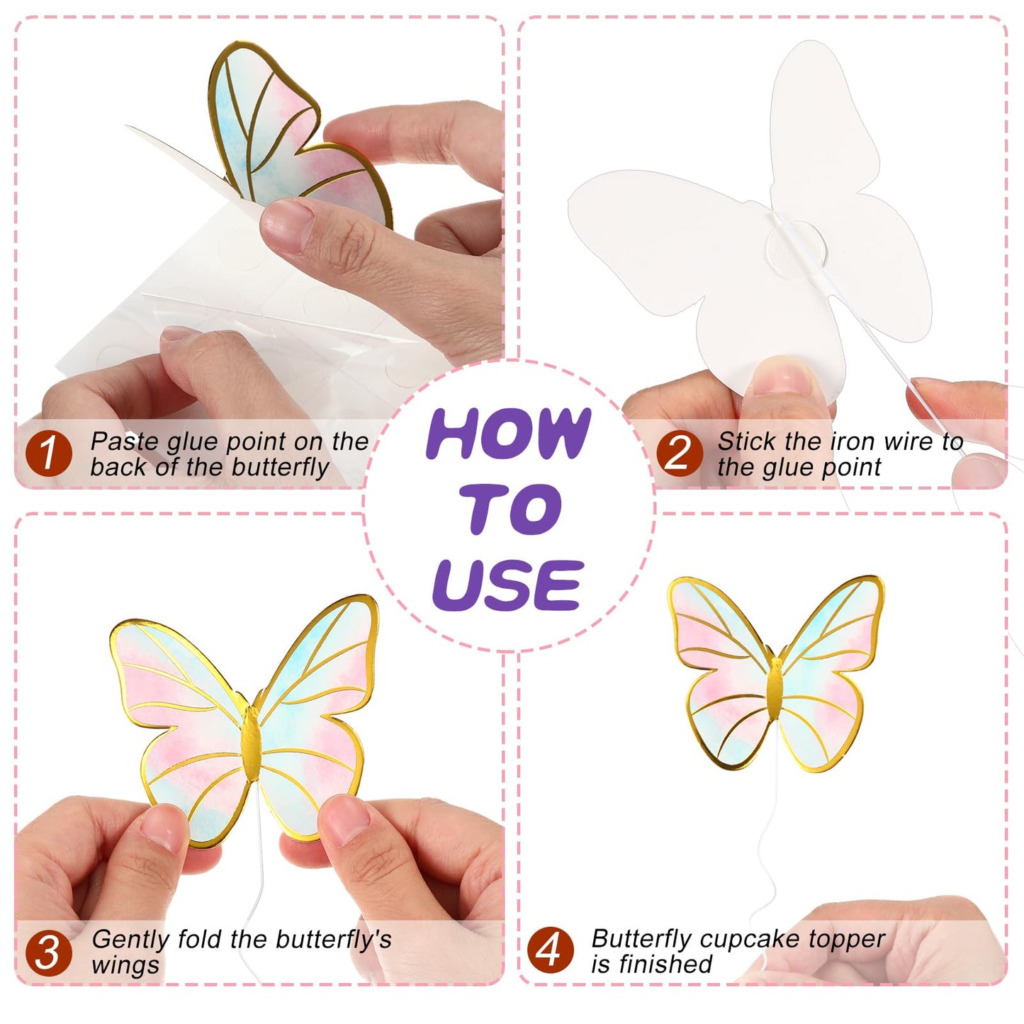 Outus Butterfly Cake Topper Set, 120 Pieces, 3D Decorations for Birthday, Wedding, Party - Purple, Pink, Gold