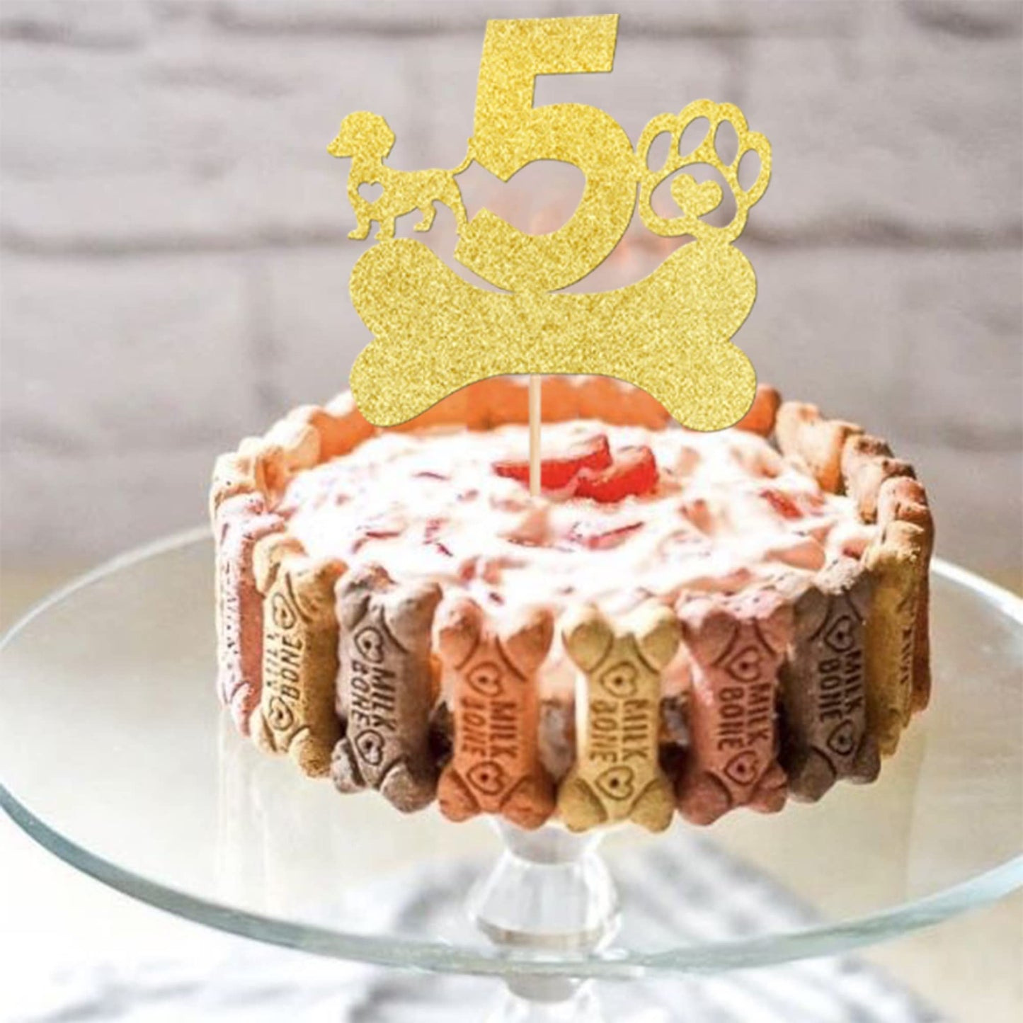 1 Pcs 5Th Birthday Cake Topper With Gold Glitter Dog Paw Five Years Old Birthday Puppy Dog Bone Cake Pick Decorations For Let'S