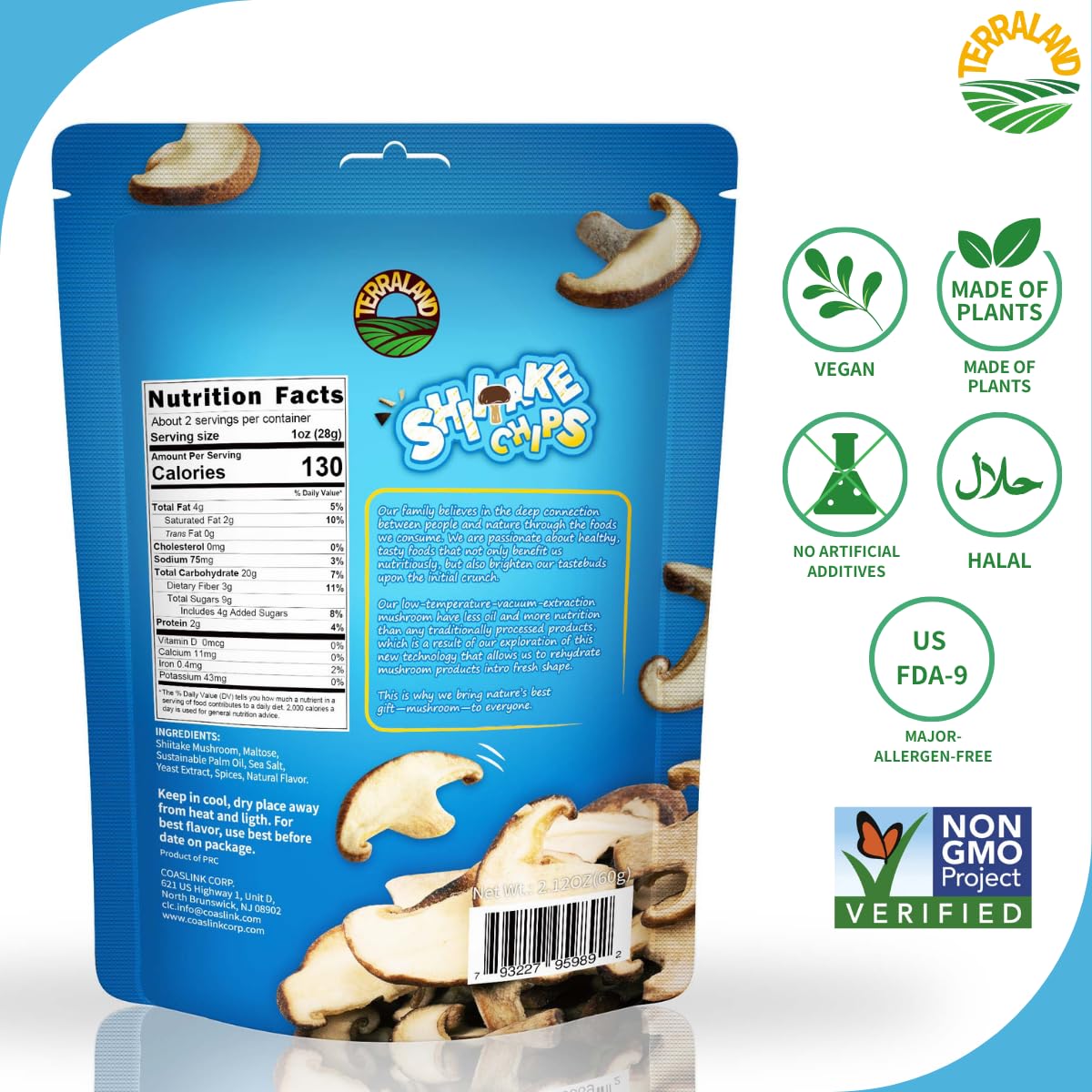 Terraland Shiitake Chips - Sea Salt, Crispy & Crunch Mushroom Snack, Non Gmo, Vegan, Topping For Salads And Soups 2.12Oz Bag - P