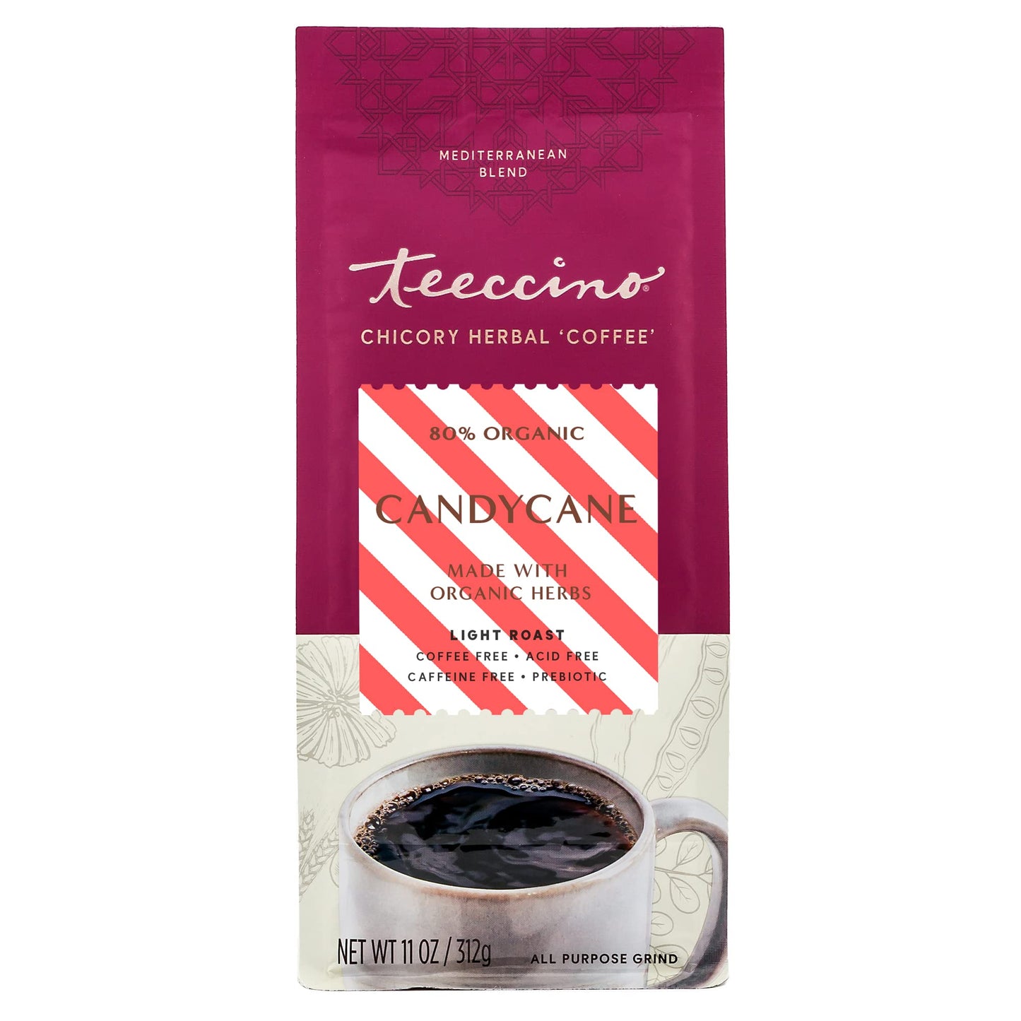 Teeccino Coffee Alternative – Candy Cane – Holiday Dessert Beverage That’S Prebiotic, Caffeine-Free & Acid Free, Medium Roast, 11 Ounce