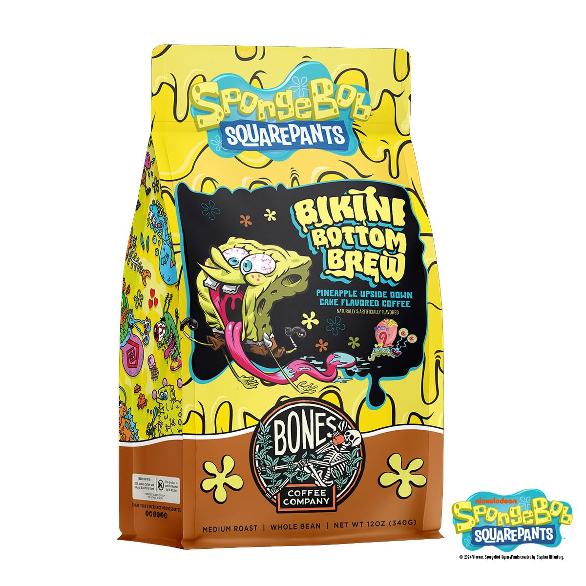 Bones Coffee Company Bikini Bottom Brew Whole Coffee Beans Beans Pineapple Upside Down Cake Flavor, Low Acid Flavored Coffee Made With Arabica Beans, Medium Roast Coffee Inspired By Spongebob (12 Oz)