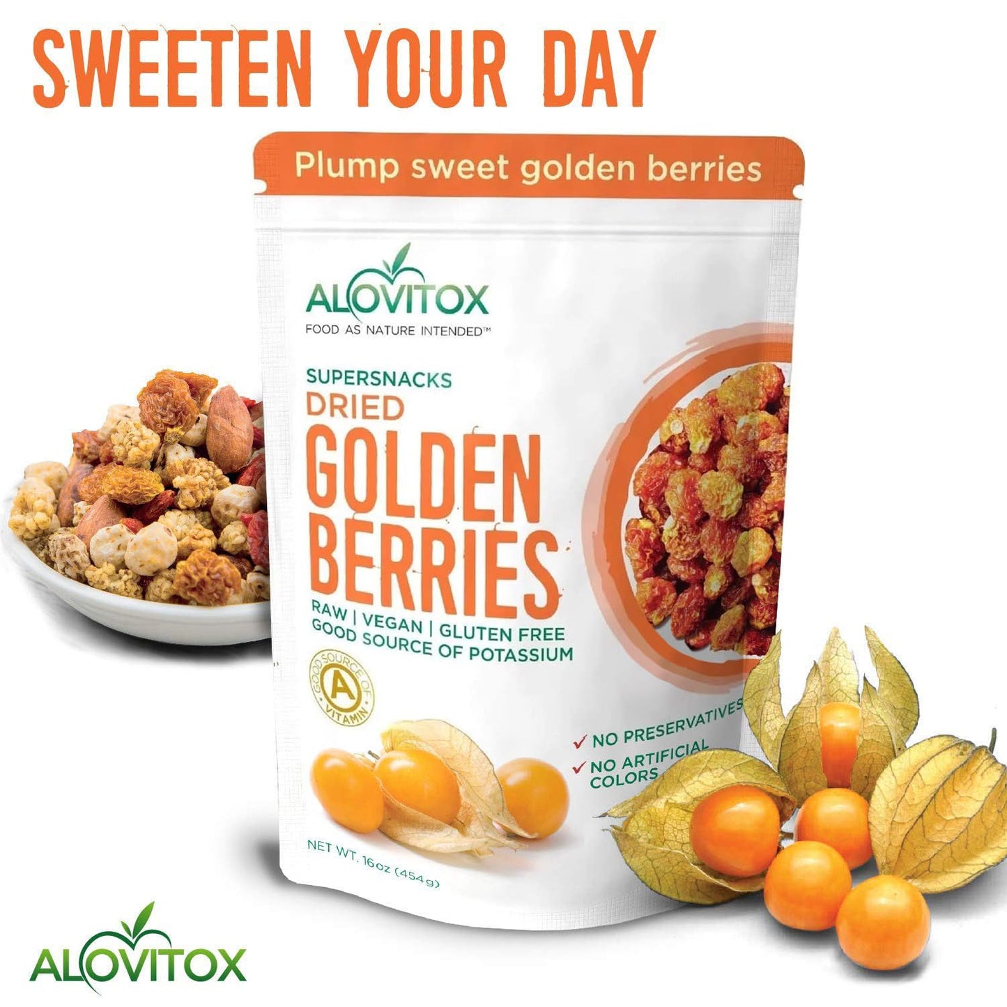 Alovitox Organic Sun Dried Golden Berries 16 oz | Raw, Vegan, Gluten Free Super Snack High in Smart Protein, Dietary Fiber, Vita