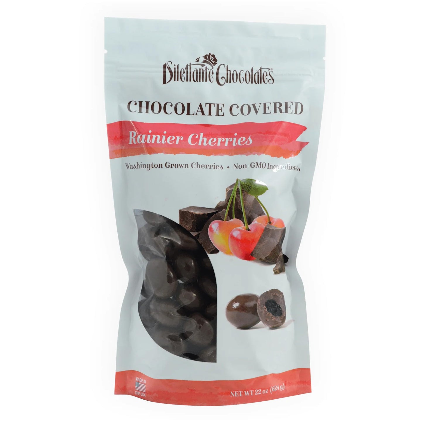 Dilettante Milk Chocolate Covered Rainier Cherries, 22oz Resealable Bag, Brown