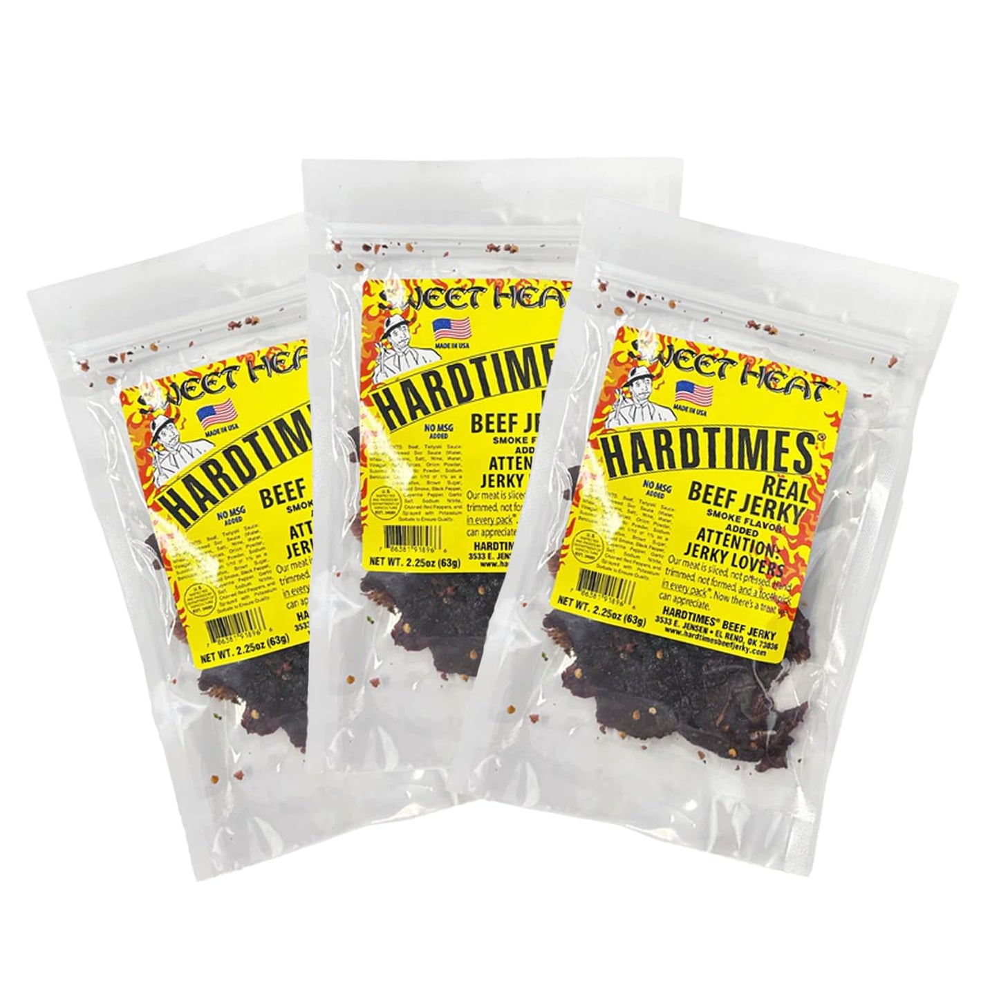 Hardtimes Beef Jerky - Sweet Heat Flavor - 2.25 oz Bags - 3 Pack