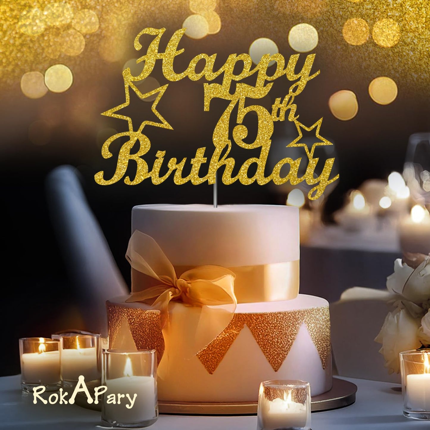 RokAPary 75th Birthday Cake Topper Gold Glitter, Acrylic, Sturdy Double-Sided, 1 Count