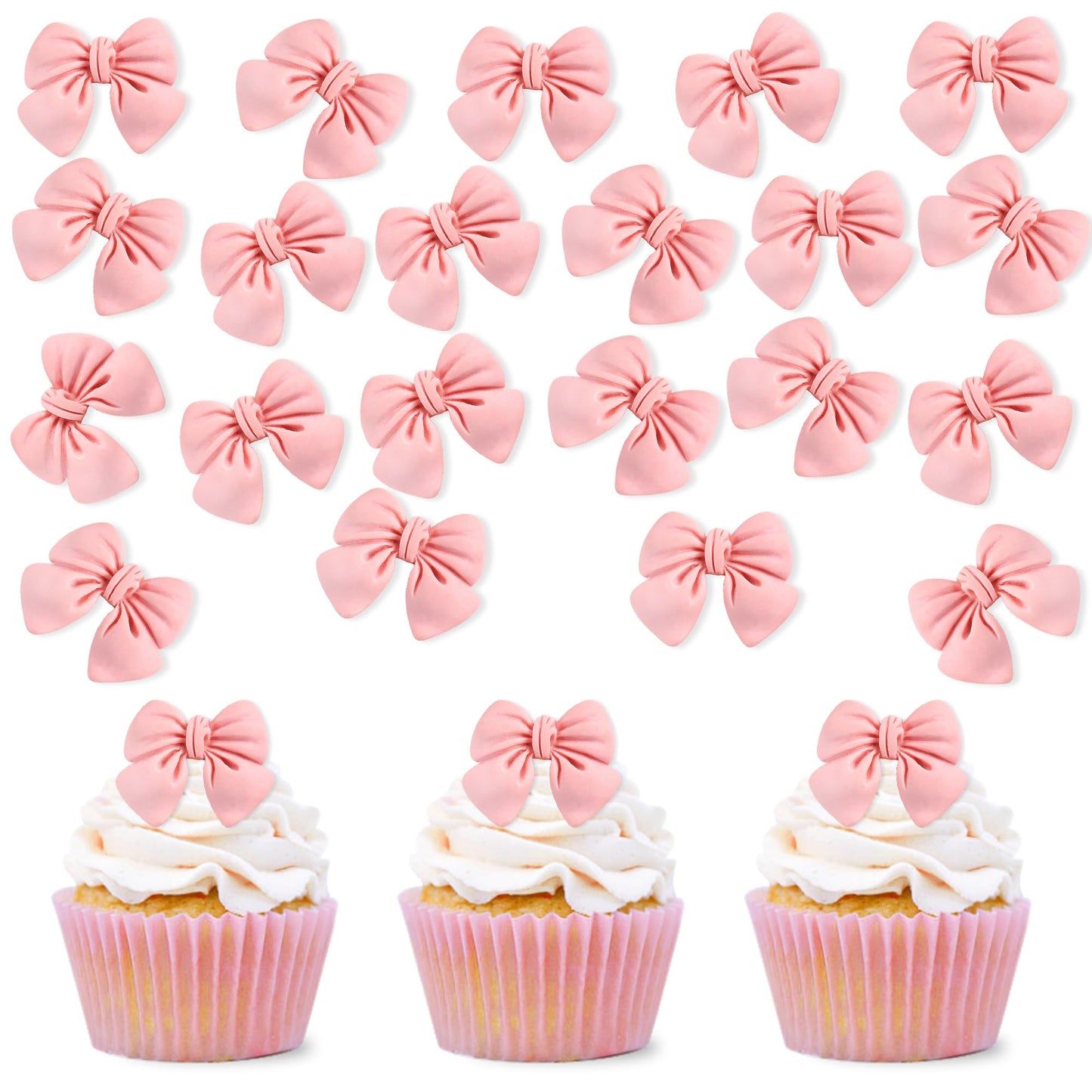 Cyodoos 24pcs Pink Bow Cake Toppers - Resin Cupcake Picks for Baby Shower, Birthday, Wedding Party - Small Size