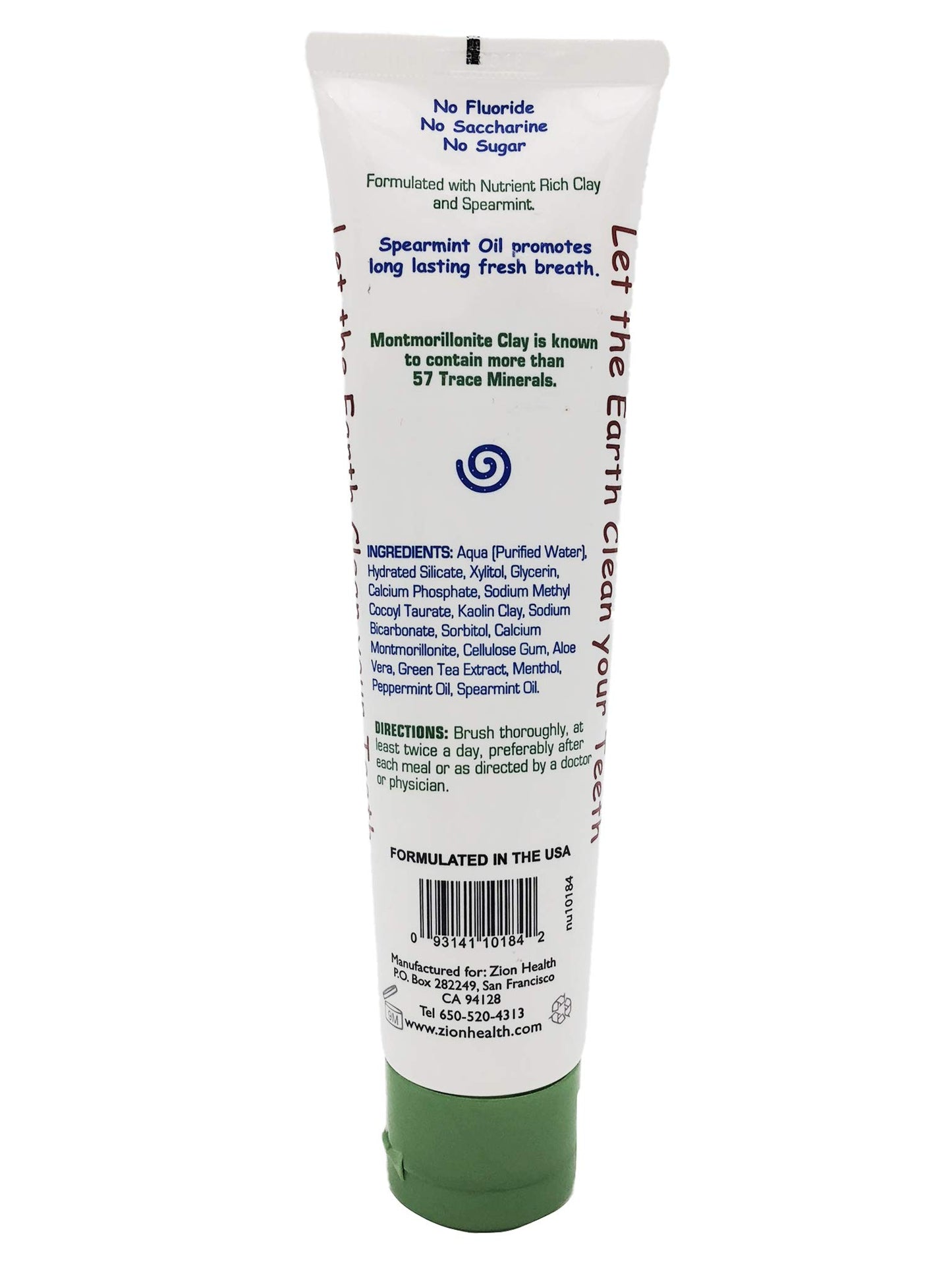 Zion Health Claybrite White Mineral Toothpaste Natural Mint Flavor 4 Oz 120 G