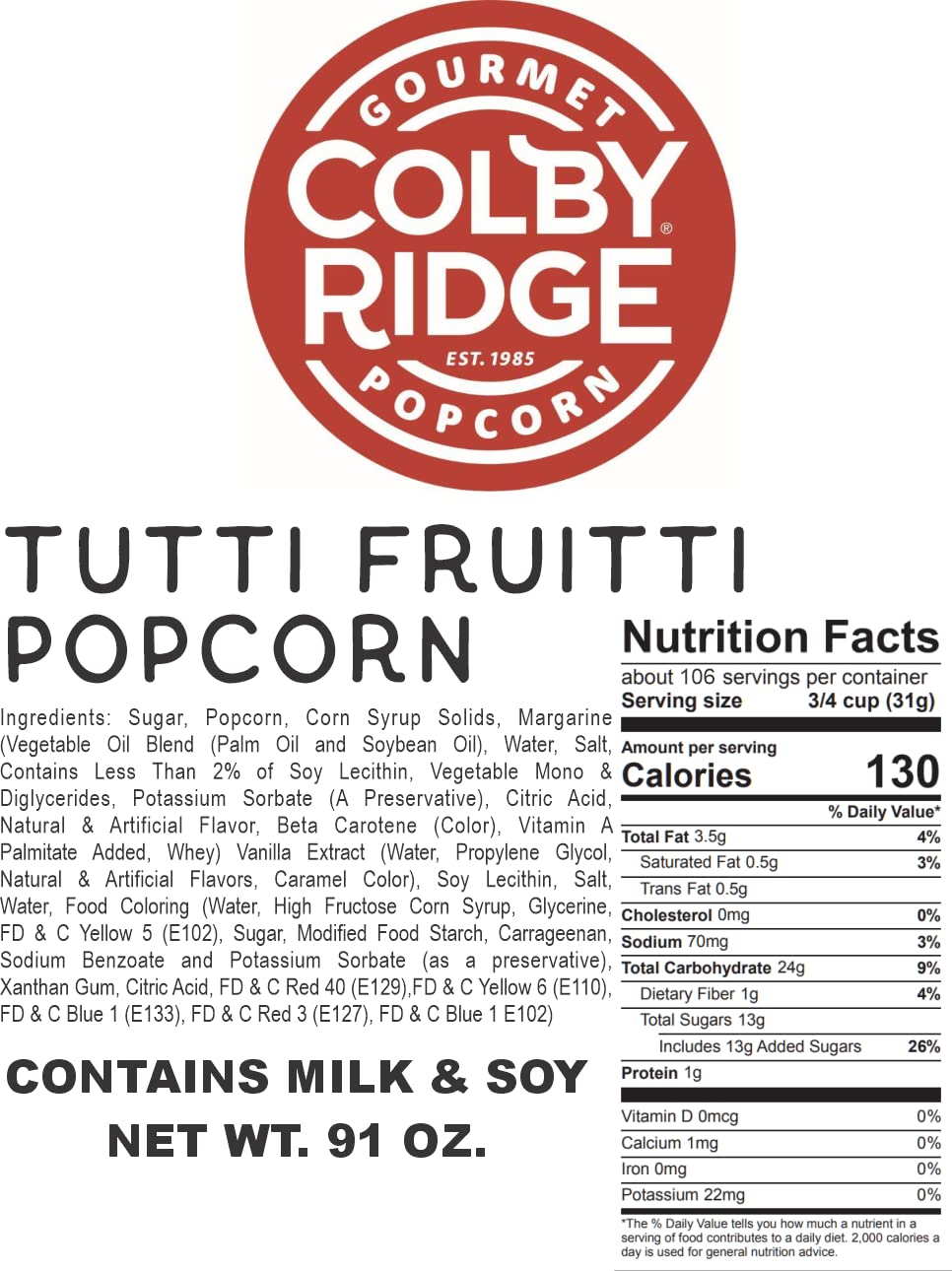 Colby Ridge Tutti Fruiti Gourmet Craft Popped Gluten Free Popcorn Bulk Sized Large Gift Bags (Bulk 5 Gal. 80 Cups) (Tutti Fruiti