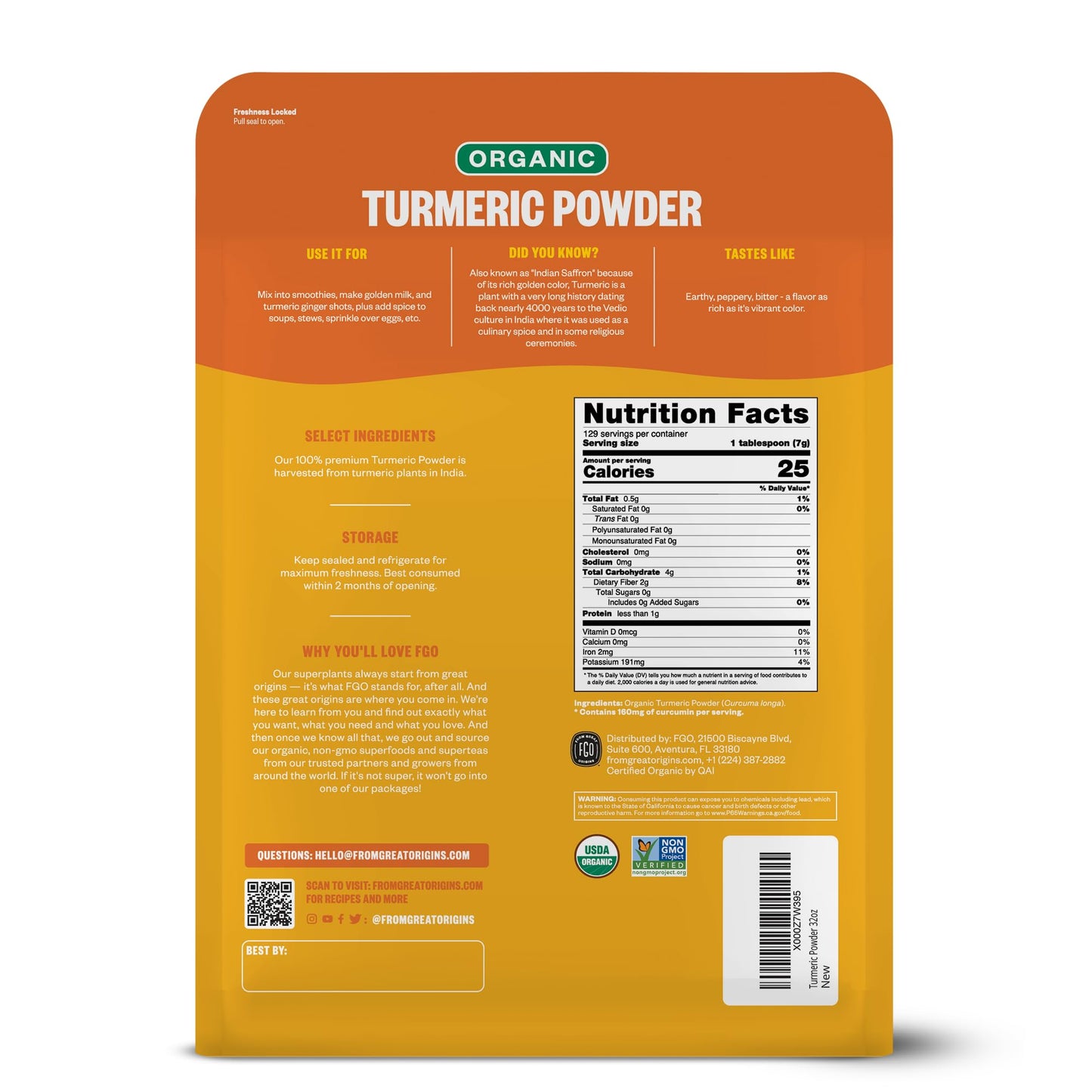 FGO Organic Turmeric Powder w/Curcumin, 2 Pound / 32oz Bulk Resealable Pouch, USDA Organic and Non-GMO, Sourced from India, Pack
