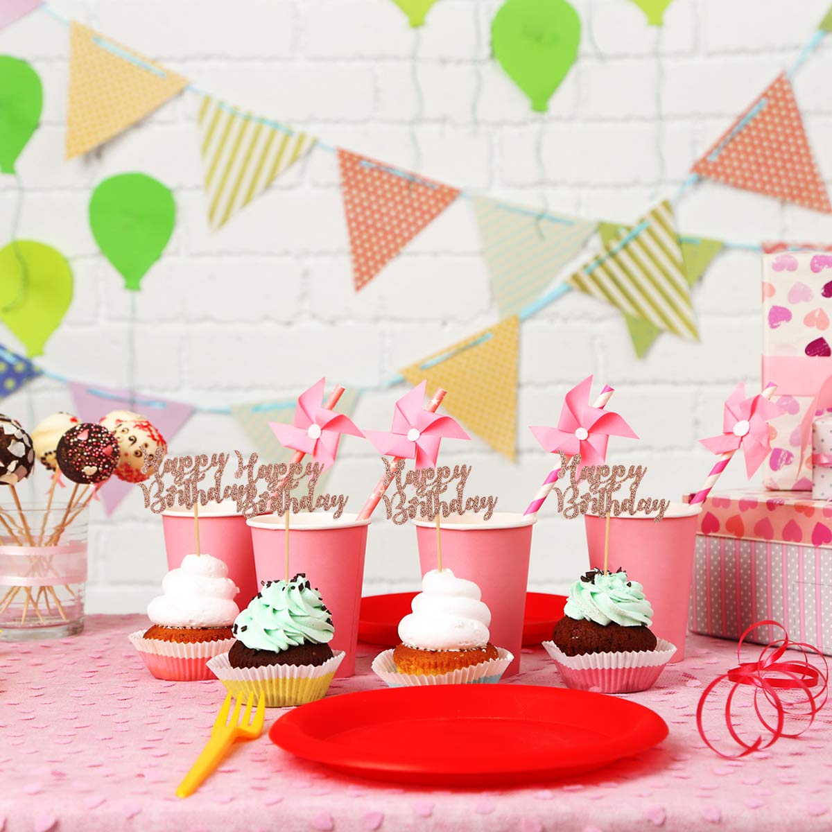 Donoter 24 Pcs Rose Gold Happy Birthday Cupcake Toppers Cake Picks For Birthday Party Decoration Supplies