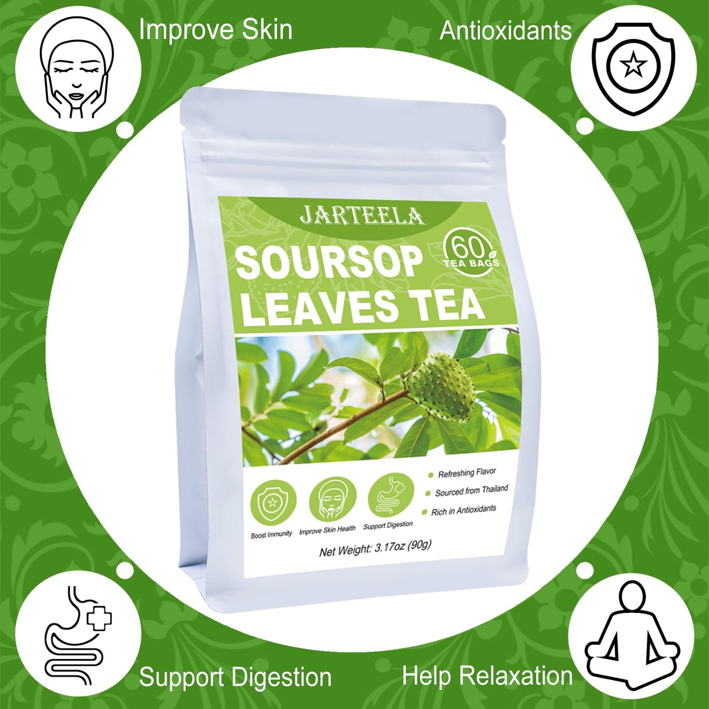 Jarteela Soursop Tea Bags - 1.5g x 60 Count - Non-GMO, Caffeine-free Herbal Tea for Digestive Support and Healthy Skin