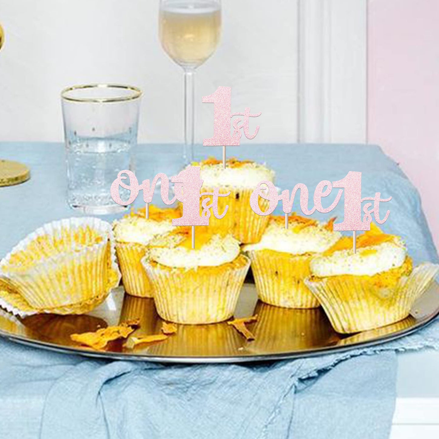 Rssta i Cupcake Toppers 24 Pack Glitter for 1st Birthday Party Decorations, Pink, Model XM060-Pink, Paper Material