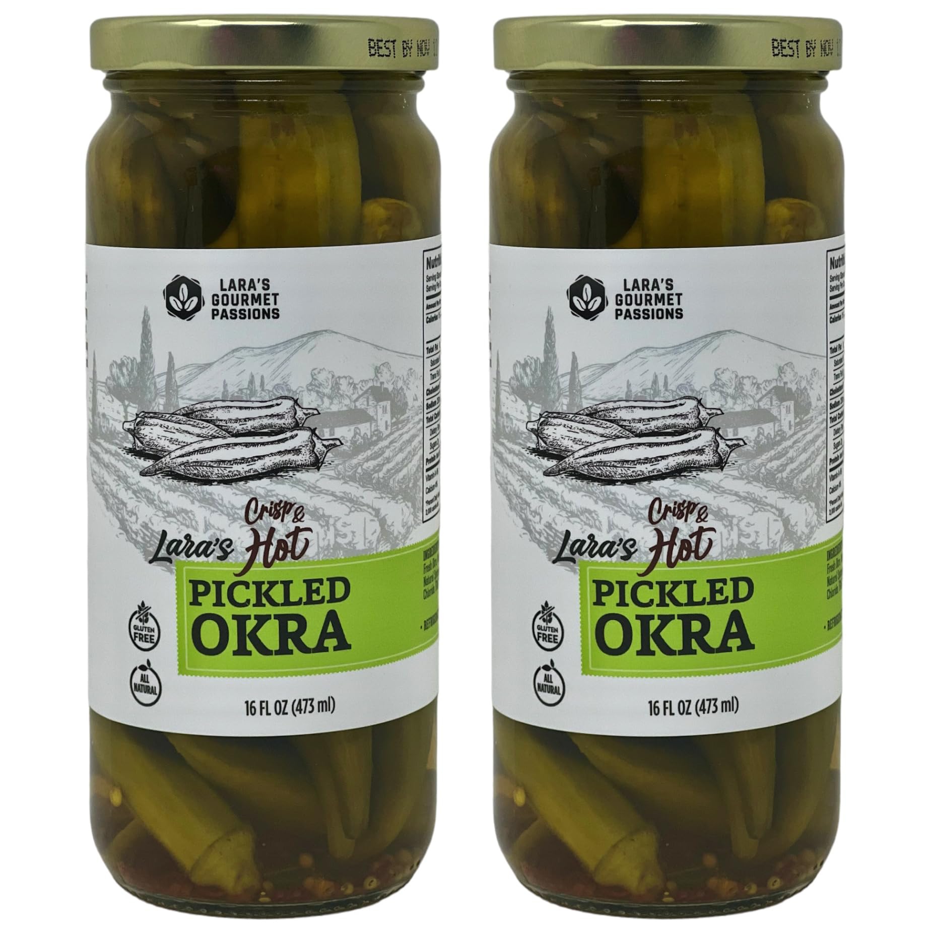 Lara's Crisp and Hot Pickled Okra - (Pack of 2, 16 fl oz each) - Zesty Southern Style Spicy Okra, Ideal for Charcuterie Boards, 