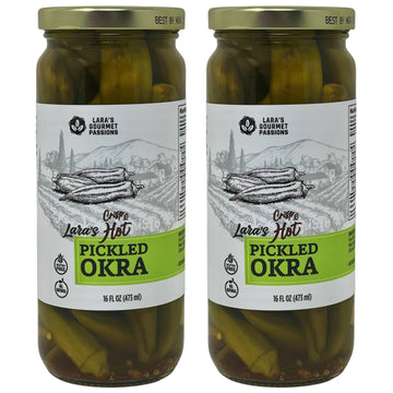 Lara's Crisp and Hot Pickled Okra - (Pack of 2, 16 fl oz each) - Zesty Southern Style Spicy Okra, Ideal for Charcuterie Boards, 