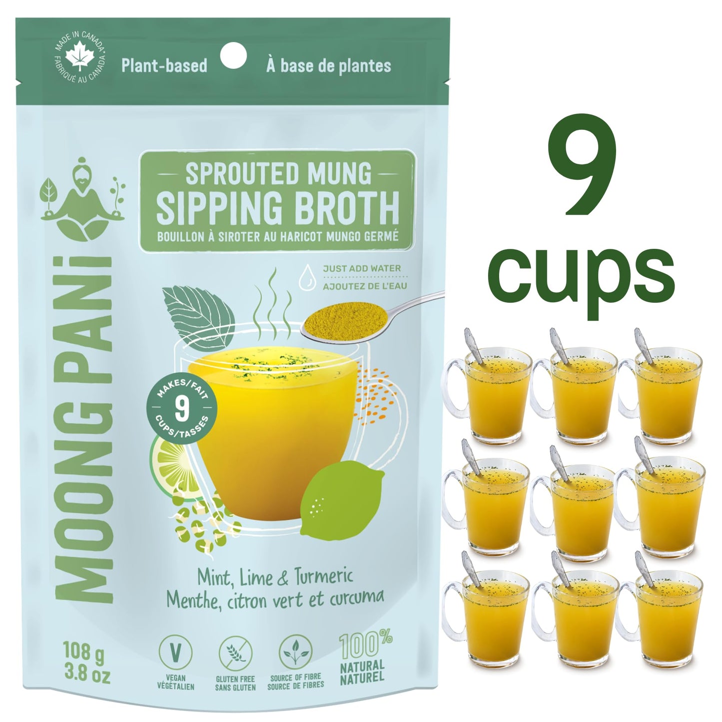 MOONG PANI Vegetable Broth Soup Powder (Mint, Lime & Turmeric) Gluten-Free, Lower Sodium, Detox, All Natural, Keto, Fiber Protei