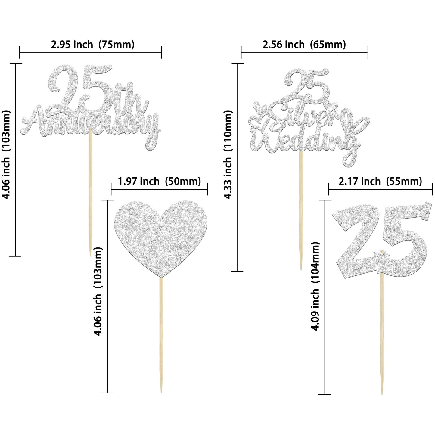 Gyufise 24Pcs 25Th Anniversary Cupcake Toppers Silver 25Th Wedding Anniversary Heart Cake Decorations For 25 Silver Wedding Cele