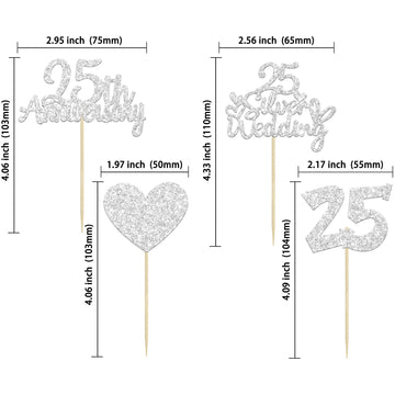 Gyufise 24Pcs 25Th Anniversary Cupcake Toppers Silver 25Th Wedding Anniversary Heart Cake Decorations For 25 Silver Wedding Cele