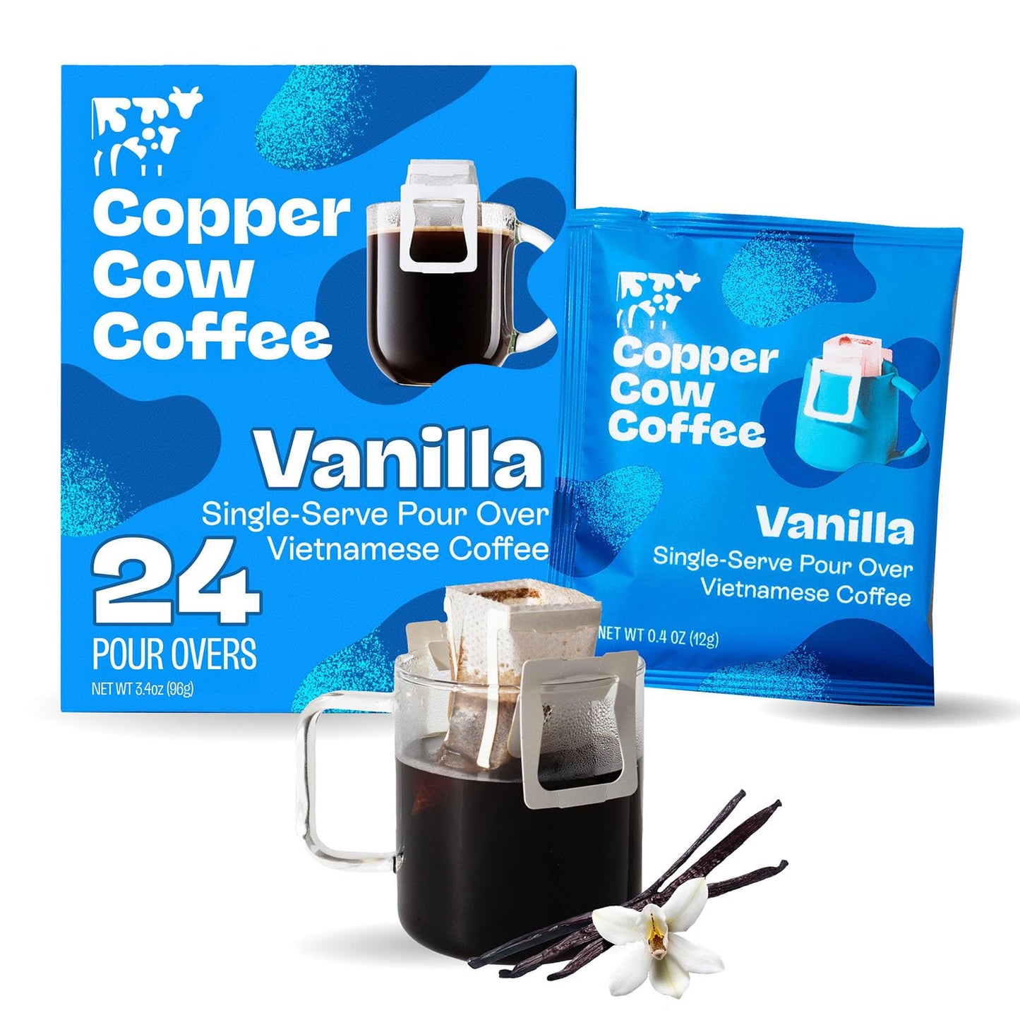 Copper Cow Coffee Premium Vietnamese Coffee Pouches, Vanilla, Dark Roast, 24 Pack, 0.4 Ounce Each