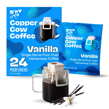 Copper Cow Coffee Premium Vietnamese Coffee Pouches, Vanilla, Dark Roast, 24 Pack, 0.4 Ounce Each