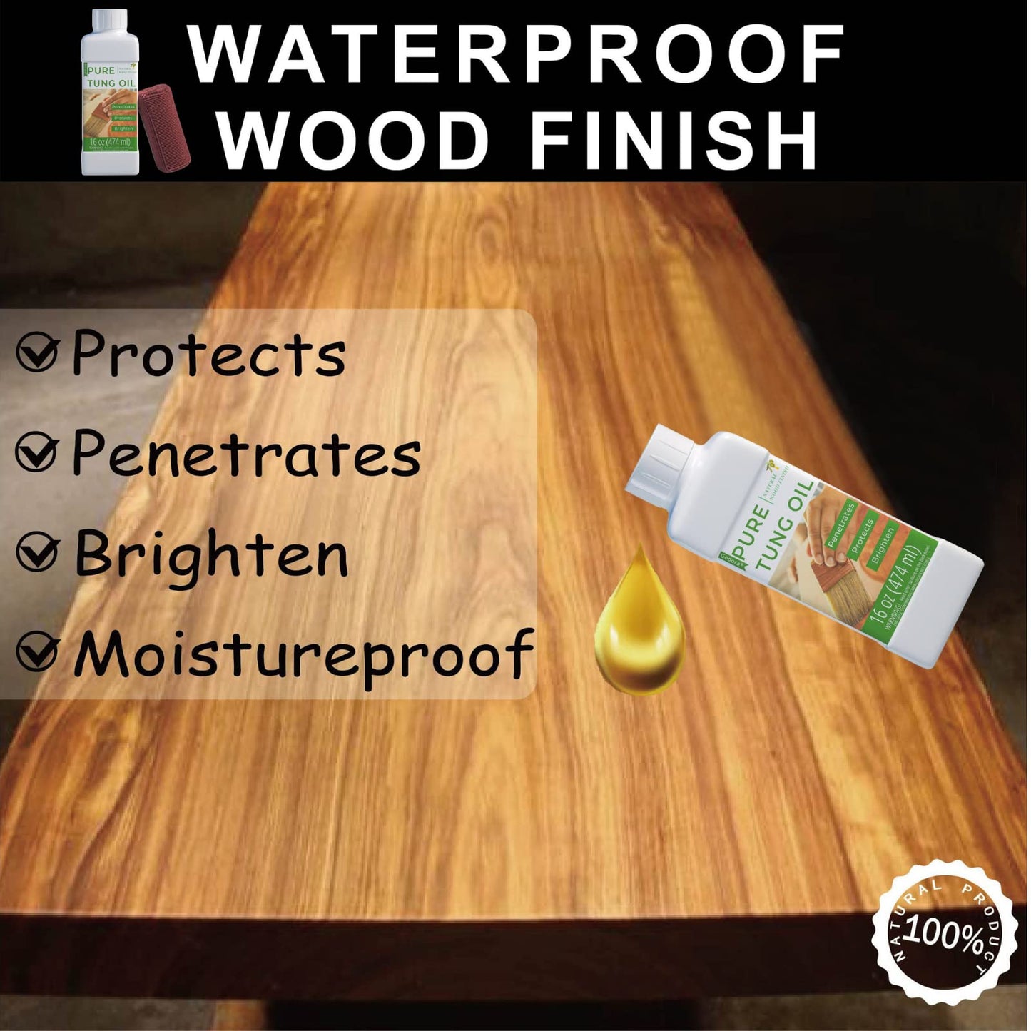 Godora 16 Oz Pure Tung Oil For Wood Finishing, Wood Sealer For Indoor & Outdoor Favored By Craftsmen, Waterproofing Tung Oil For