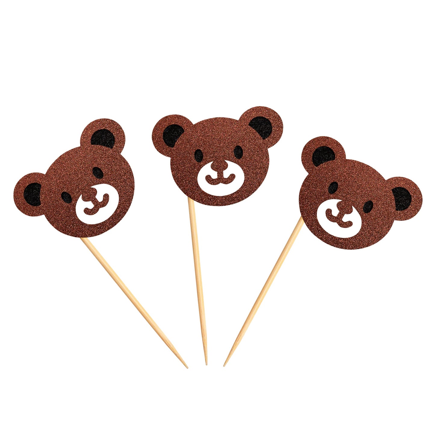 Ercadio Bear Head Cupcake Toppers - 24 Pack, Glitter Paper Jungle Animals, Baby Shower Birthday Party Decorations, Small Size