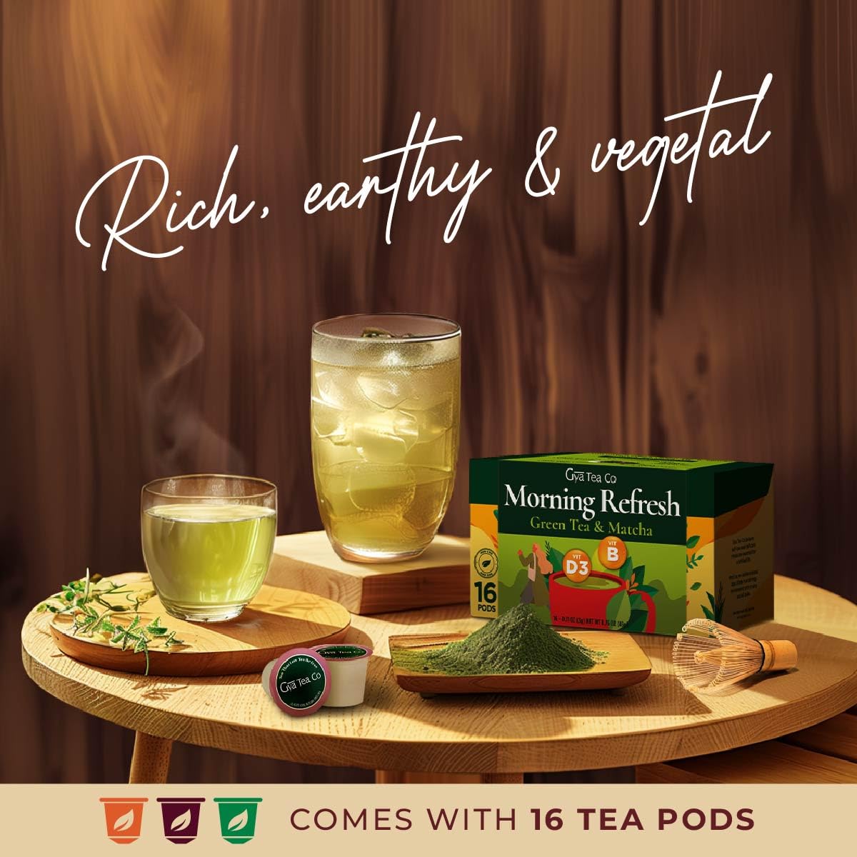 Gya Tea Co Matcha Green Tea Gift Set (16 Ct) - High Caffeine Energy Tea Pod Rich In Vitamin B, D3 For Morning Refresh