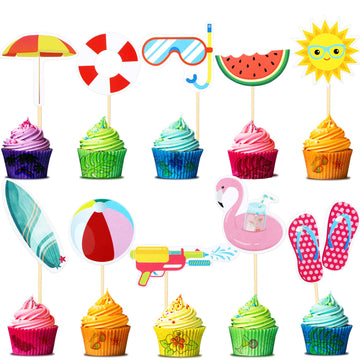 Epakh 100 Pcs Summer Beach Cupcake Toppers Pool Party Hawaiian Theme Cake Picks with Beach Ball Sun Umbrella Goggles Cake Decora