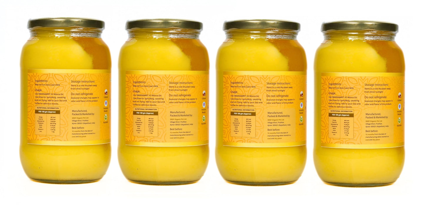 SWARNAMRIT A2 Desi Gir Cow Ghee Vedic Bilona Method Glass Jar Packaging (1 Litre X 4)