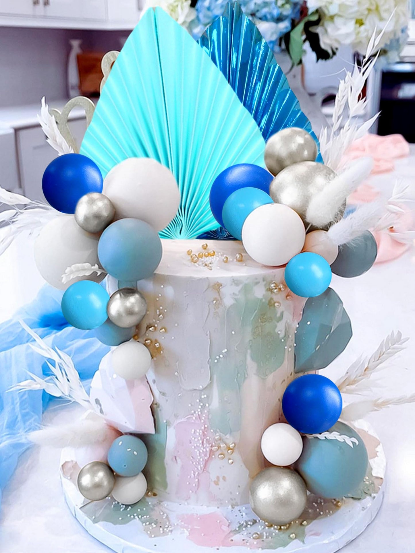 Blue Cake Decoration Blue Silver Balls Cake Topper Baby Shower Cake Decoration For Wedding Bridal Shower Birthday