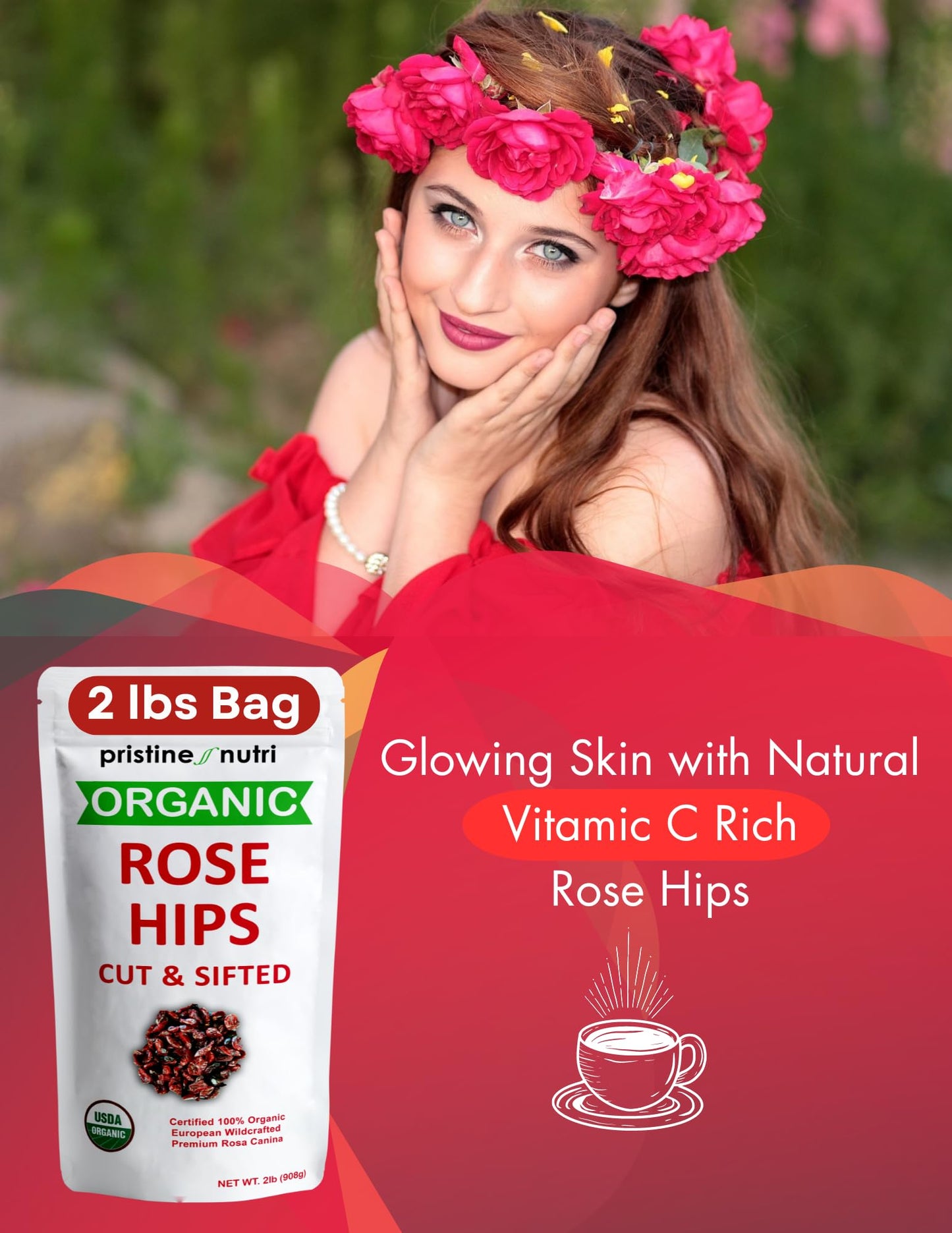 2 Lb (32 Oz) Rose Hips Dried Organic Bulk, Organic Rosehips Cut & Sifted, 95% Seedless, European All Natural, Rosehips Dried Org