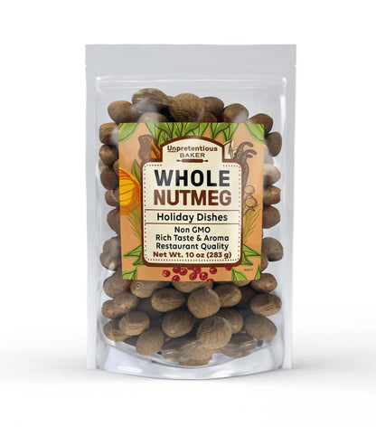Unpretentious Whole Nutmeg, 10 oz, Gluten Free, Resealable Bag, Ideal for Holiday Dishes & Baked Goods