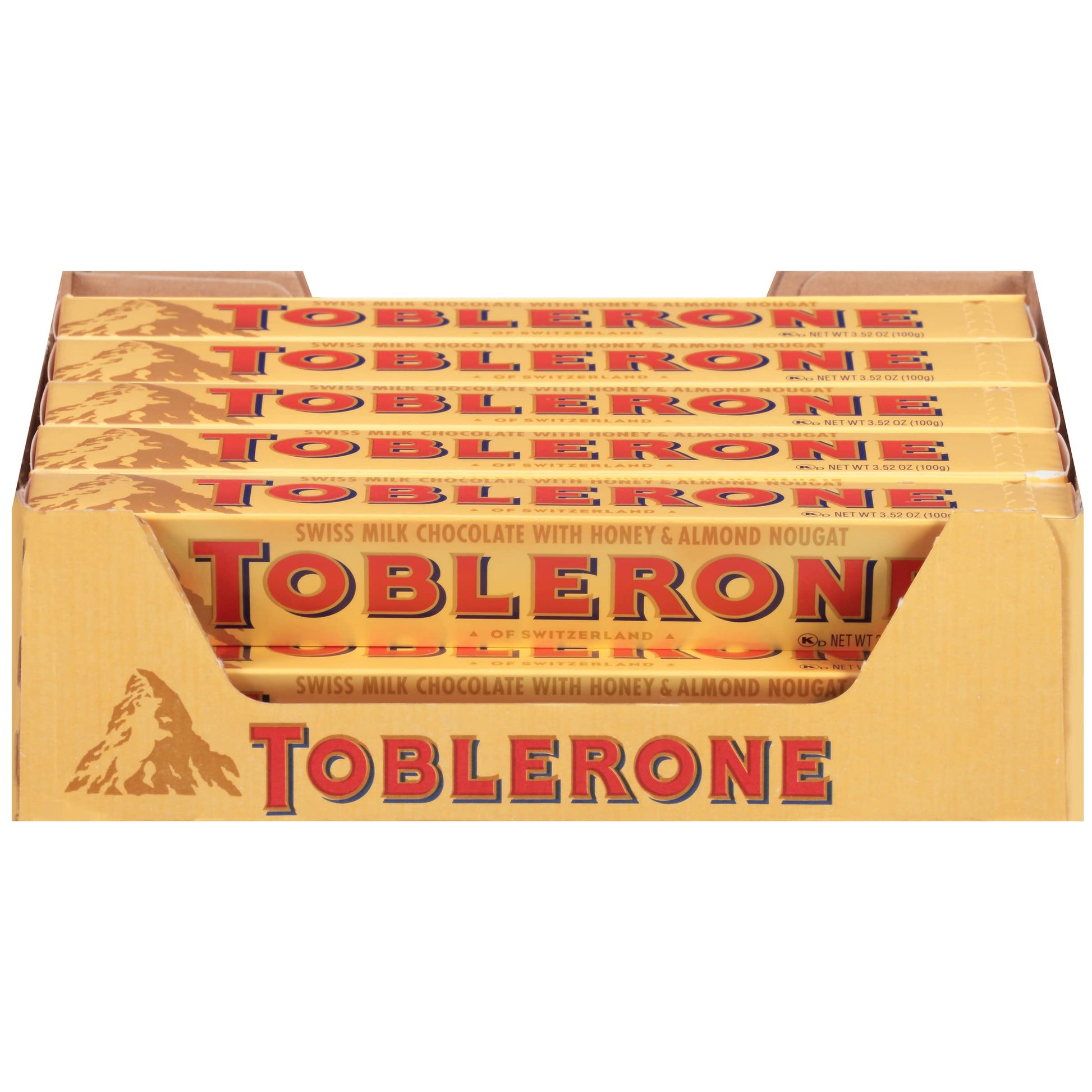 Toblerone Swiss Milk Chocolate Candy Bars with Honey & Almond Nougat, 3.52 oz Bars, Pack of 20