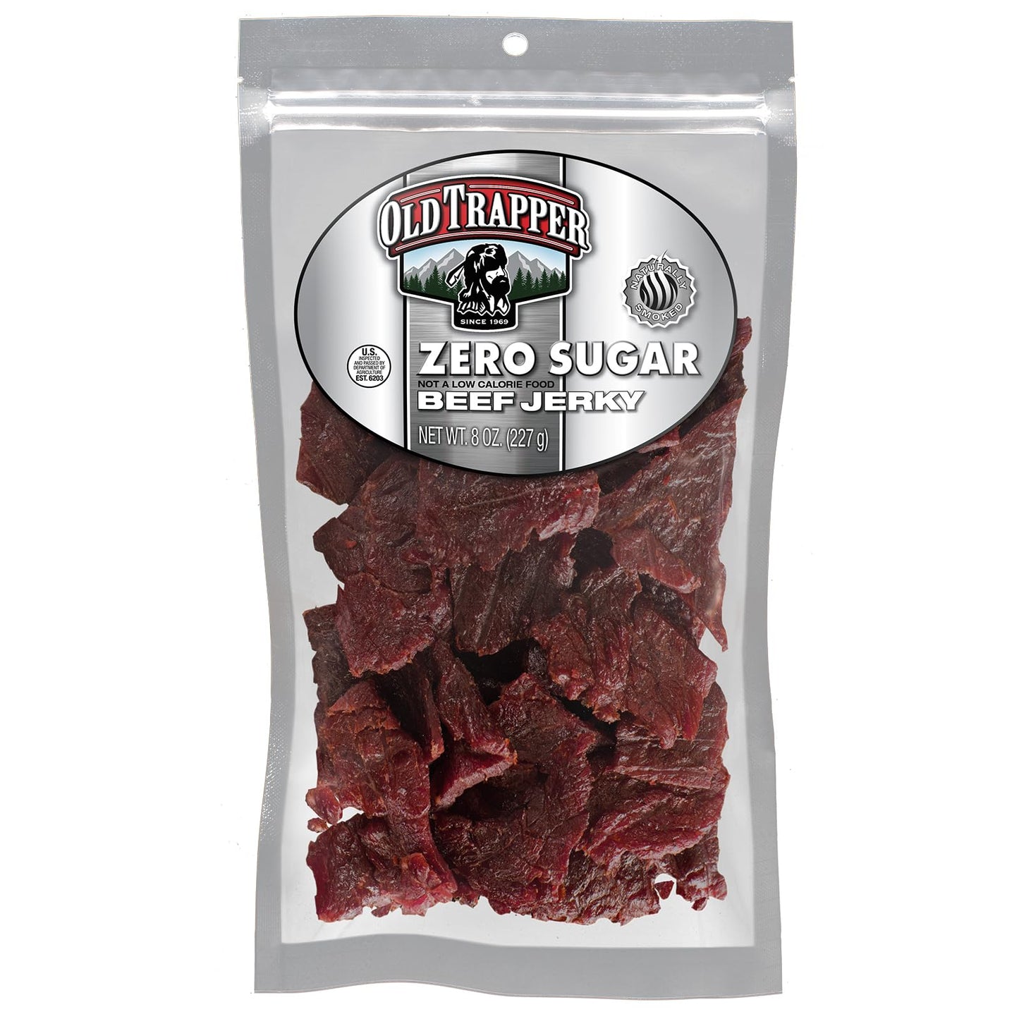 Old Trapper Zero Sugar Beef Jerky, Natural Wood Smoked, 8 Ounce Package, 14g Protein, Keto-Friendly, Model 29208T