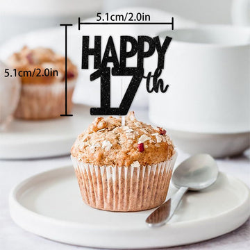 18Pcs Black Glitter Happy 17Th Dessert Cupcake Topper Pick For Funny Legend Since 2008 Theme Decor Supplies Men Women Happy 17 B