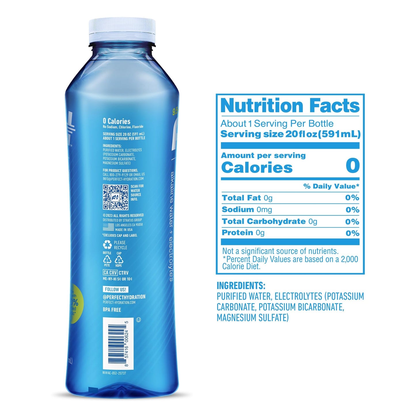 Perfect Hydration 9.5+ pH Alkaline Drinking Water, 20-Ounce Bottle, Case of 24, 3 Cases