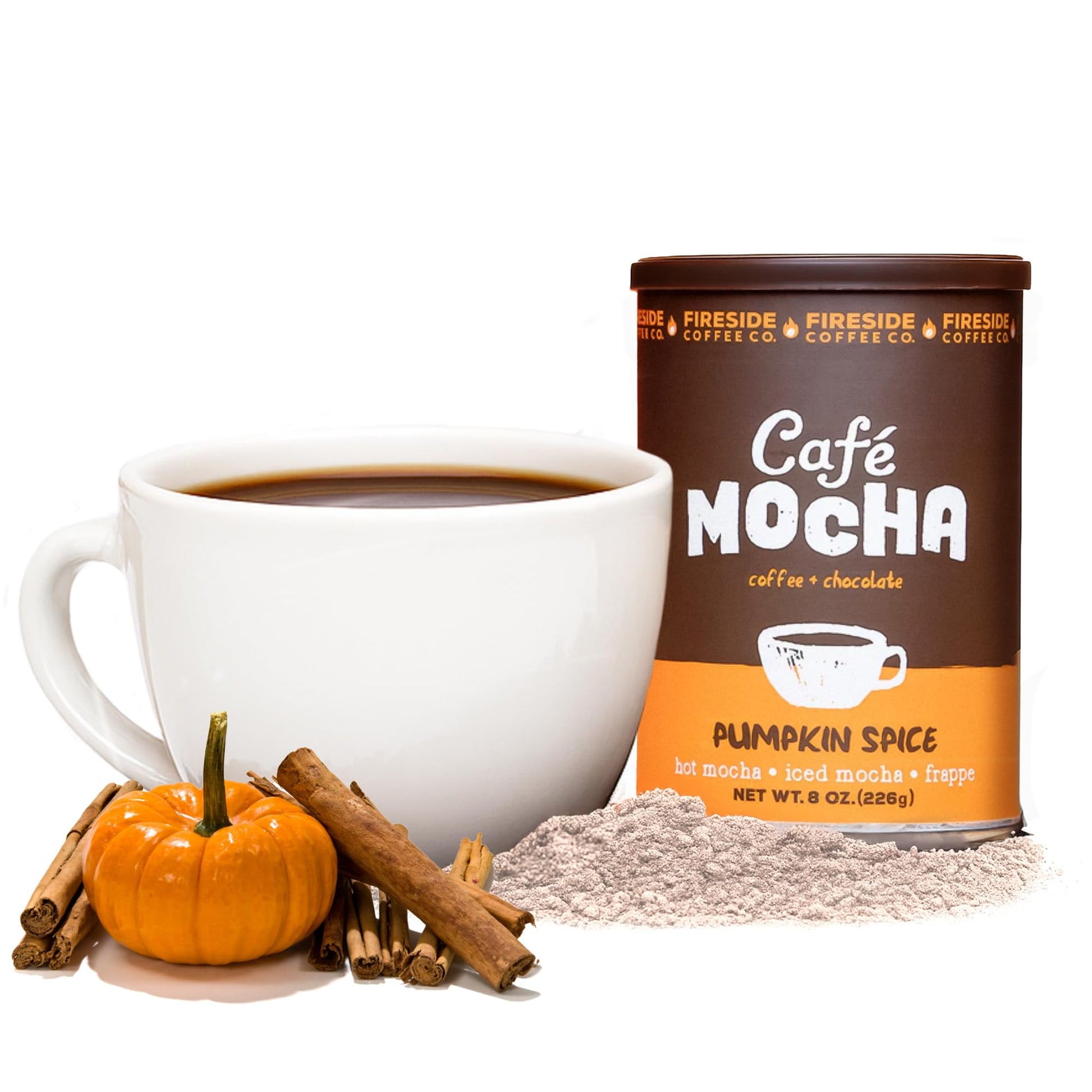 Fireside Coffee Pumpkin Spice Cafe Mocha - Top-Grade Instant Coffee Chocolate Blend - Versatile Caffeinated Drink Mix For Hot  Iced  Milkshake  And Mocha Frappe Mix  Only Add Water And Enjoy  8 Ounces