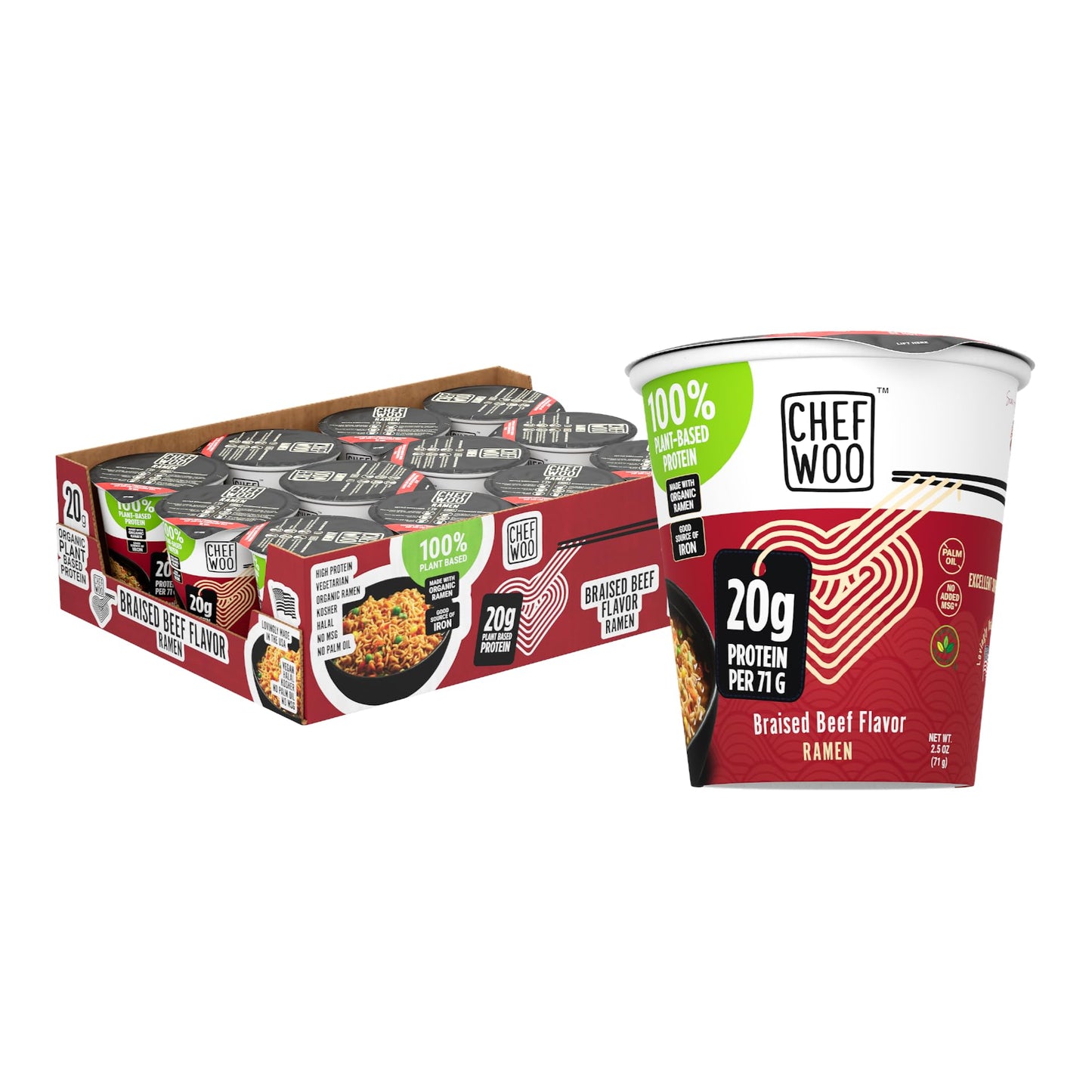Chef Woo Braised Beef Ramen Cup Noodles (12 Pack), 20G Of Plant-Based Protein |Vegan |Vegetarian |Halal |Kosher |Egg-Free |Dairy