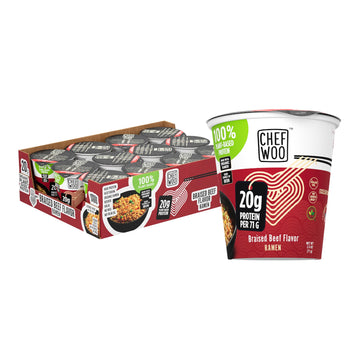 Chef Woo Braised Beef Ramen Cup Noodles (12 Pack), 20G Of Plant-Based Protein |Vegan |Vegetarian |Halal |Kosher |Egg-Free |Dairy