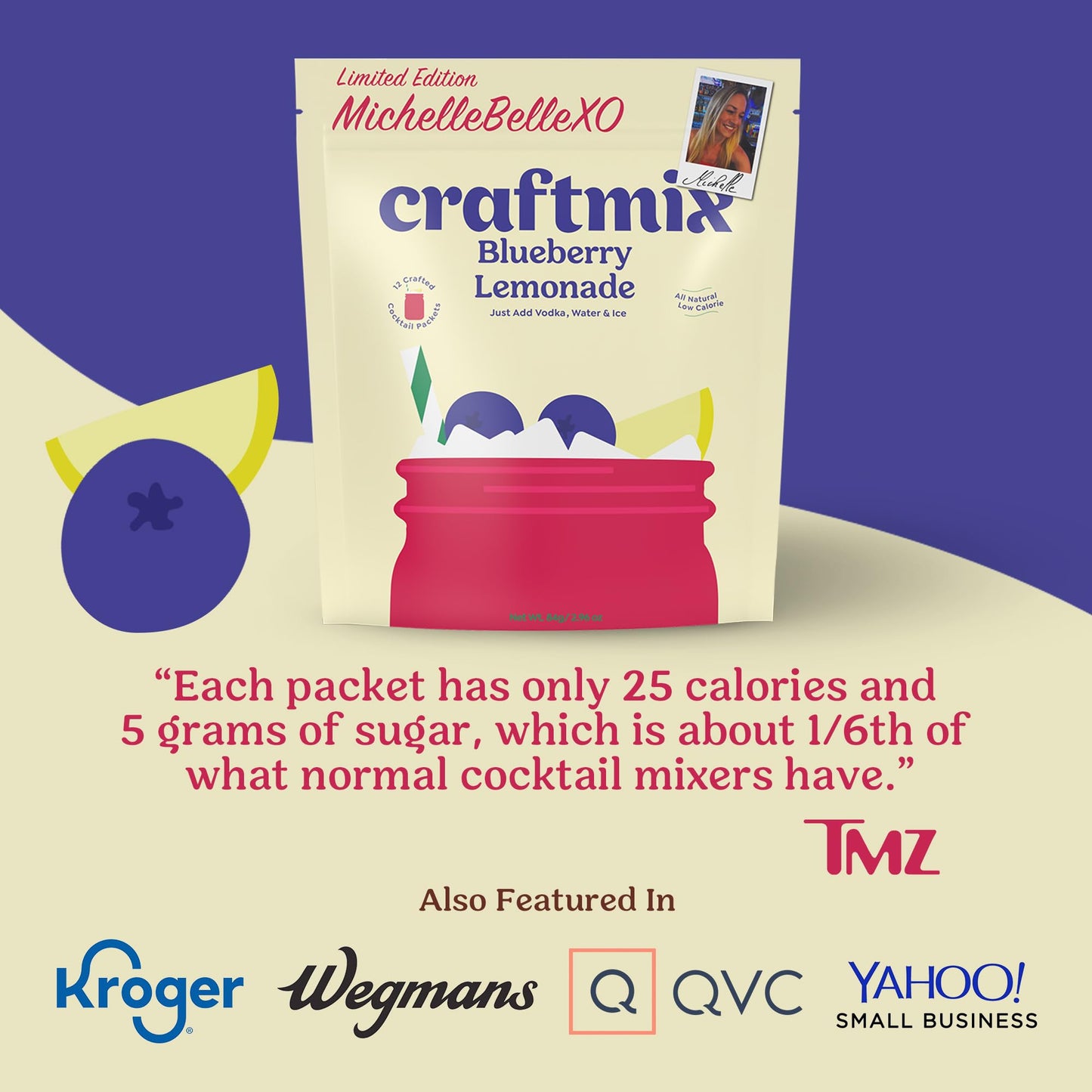 Craftmix Blueberry Lemonade Mix, 12 Packets, Easy Powder Drink With Real Fruit, Low-Sugar, Vegan, Low-Carb, Non-Gmo, Dairy-Free, Gluten-Free, Flavored Water Enhancer, On-The-Go Water Flavoring Packets