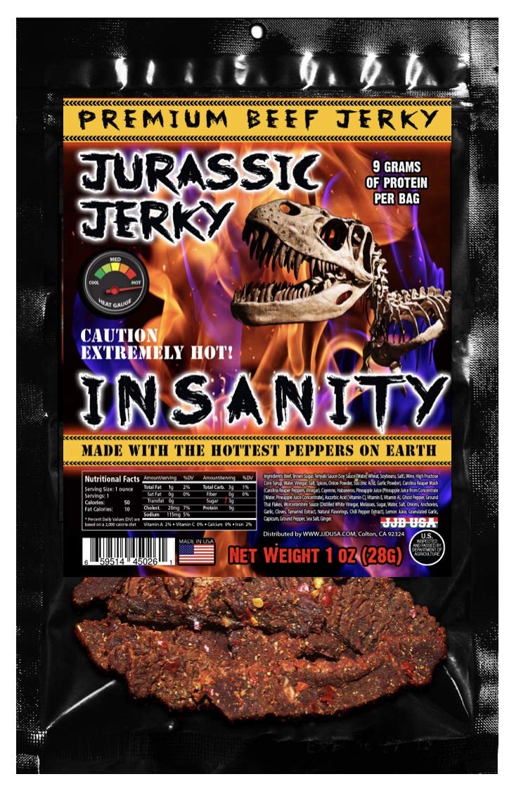JJD USA Jurassic Jerky Insanity Beef Jerky - Ghost, Habanero & Carolina Reaper Peppers - 1 oz Bag