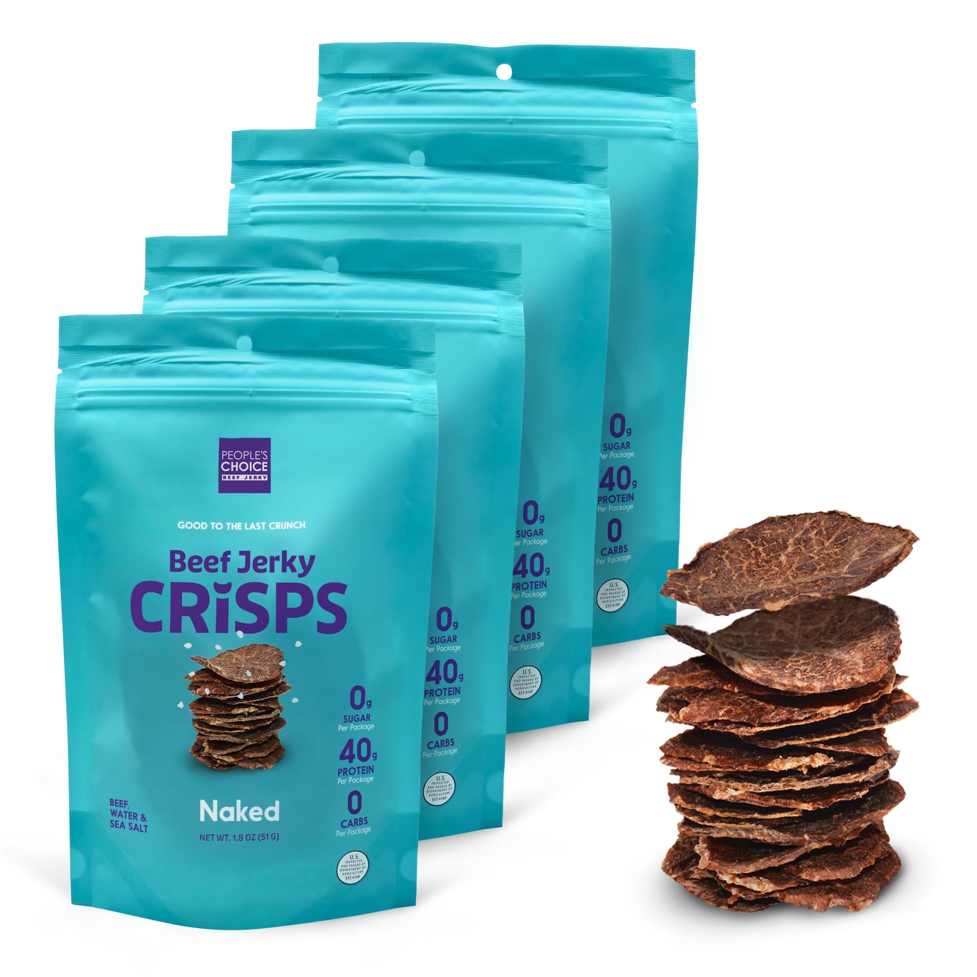 Peoples Choice Beef Jerky - Jerky Crisps - Naked - Three Ingredients - Beef, Water, Sea Salt - Sugar Free, Zero Carb, Gluten Free, Keto Friendly, Carnivore Diet, 40G Protein Per Package - Thin, Crispy, Crunchy - 1.8 Oz (4 Pack)