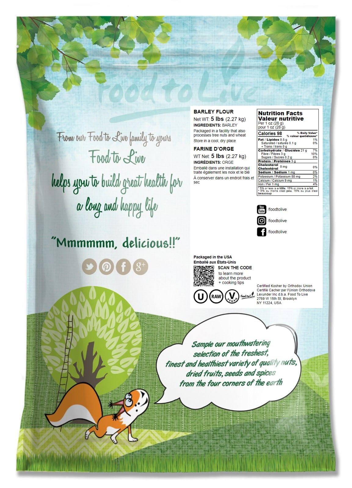 Food to Live - Barley Flour, 5 Pounds - Fine Powder, Kosher, Vegan, Bulk. Rich in Fiber