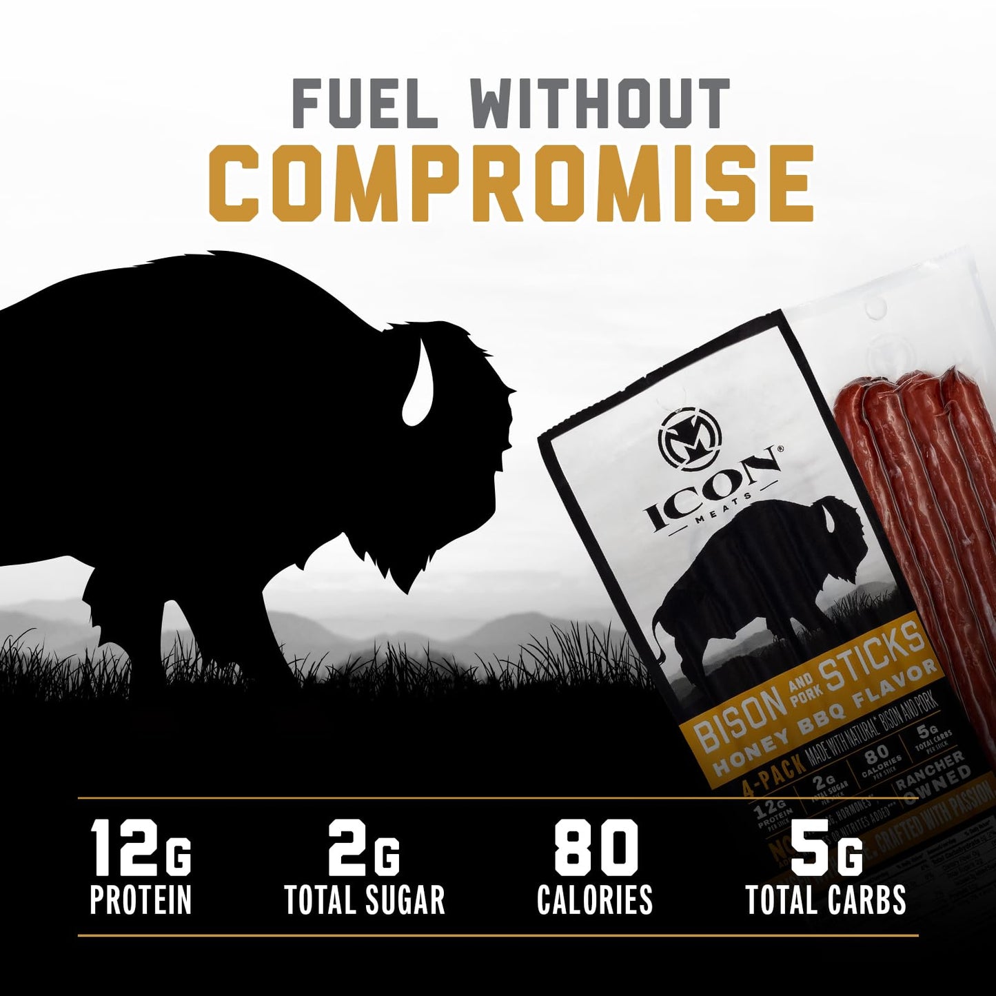 ICON Bison and Pork Snack Sticks, Honey BBQ Flavor, 4 oz (Pack of 6), All Natural, High Protein, Low Calorie, Low Sugar