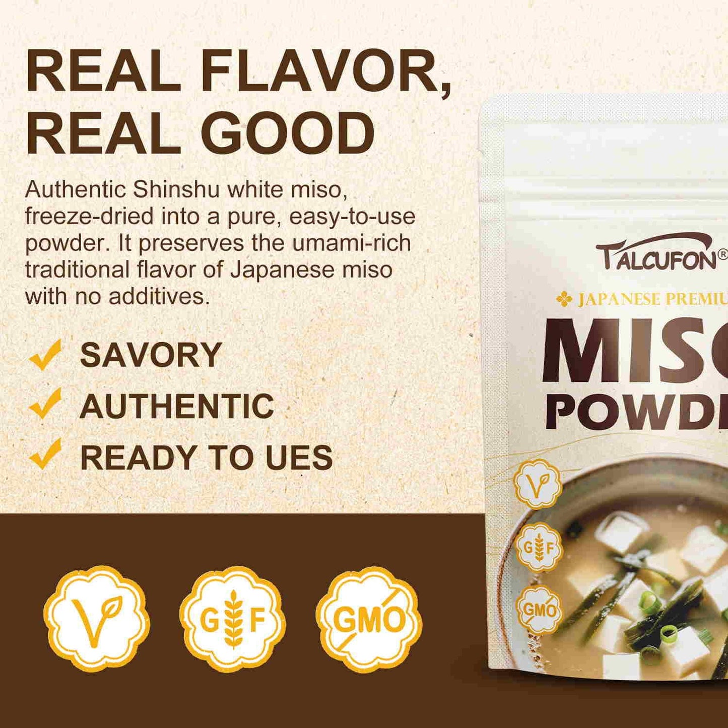 TALCUFON Miso Powder Japanese Freeze-Dried White Miso, Gluten-Free, Vegan, No Additives, Ready to Use for Ramen, Miso Soup, Simm